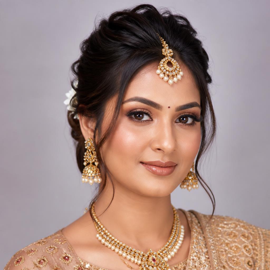 Skin after facial with soft-glam bridal makeup and hair styling
